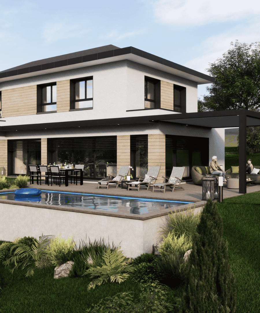 maison architecte avec toit plat pergola et piscine