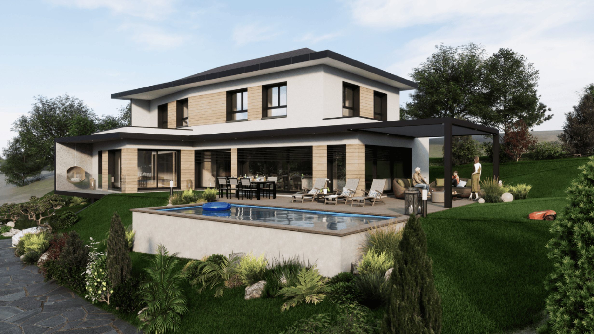 maison architecture avec pergola et toit plat piscine