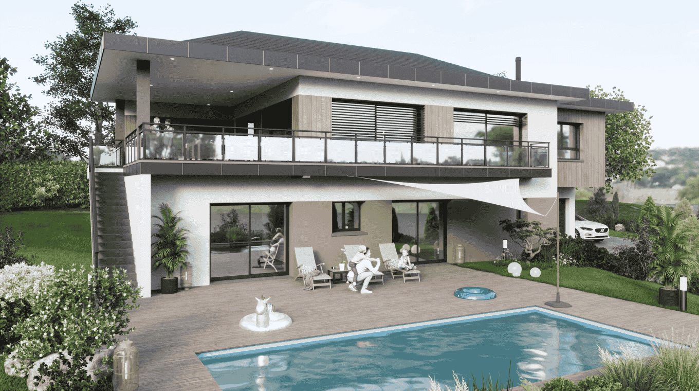 maison architecture balcon terrasse piscine finition bois