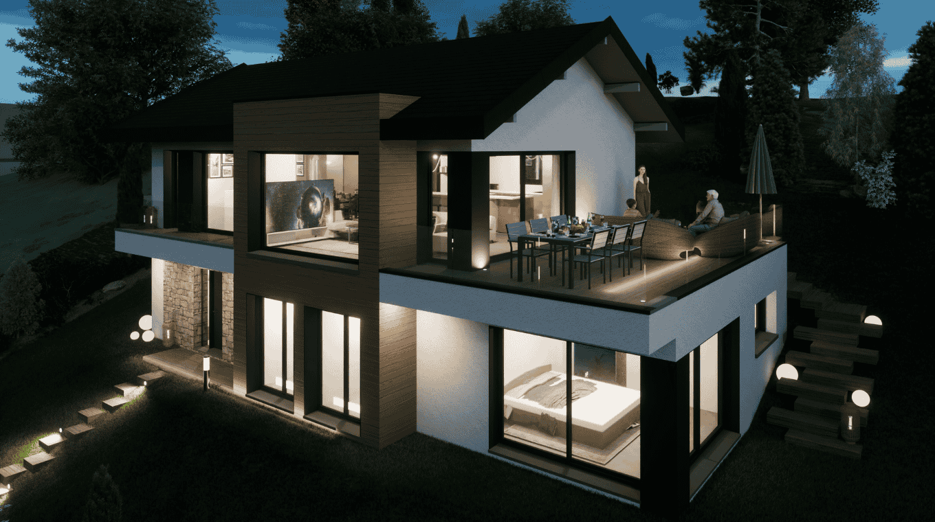 maison design baies vitrees de nuit avec balcon terrasse