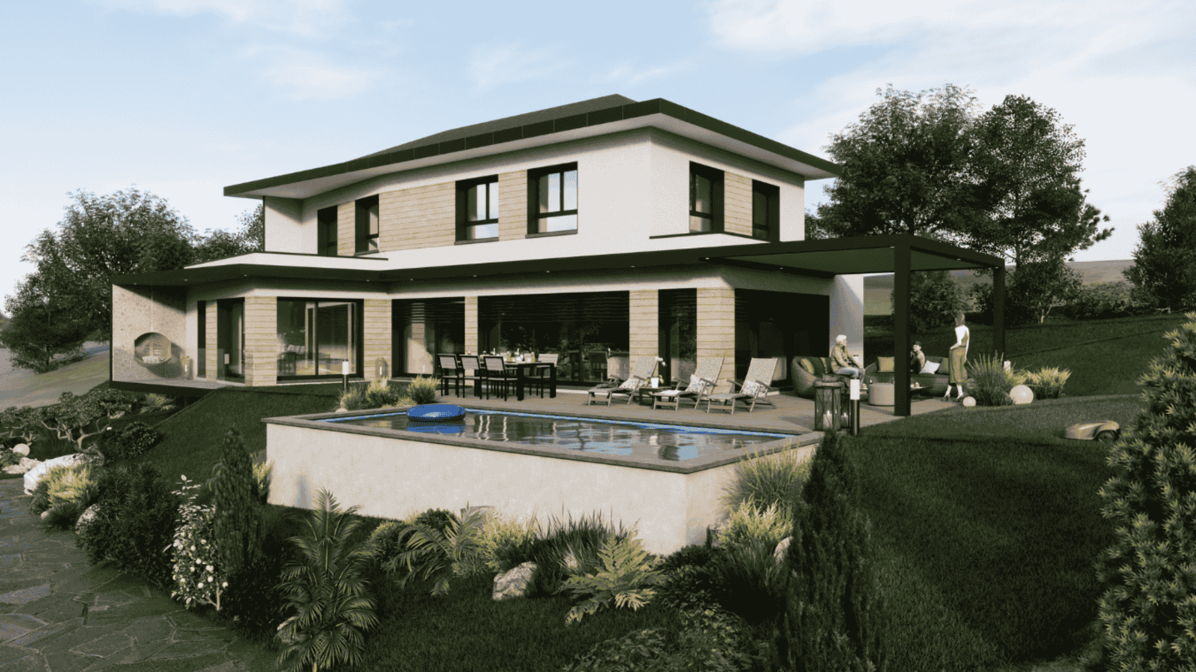 maison design piscine finition bois pergola