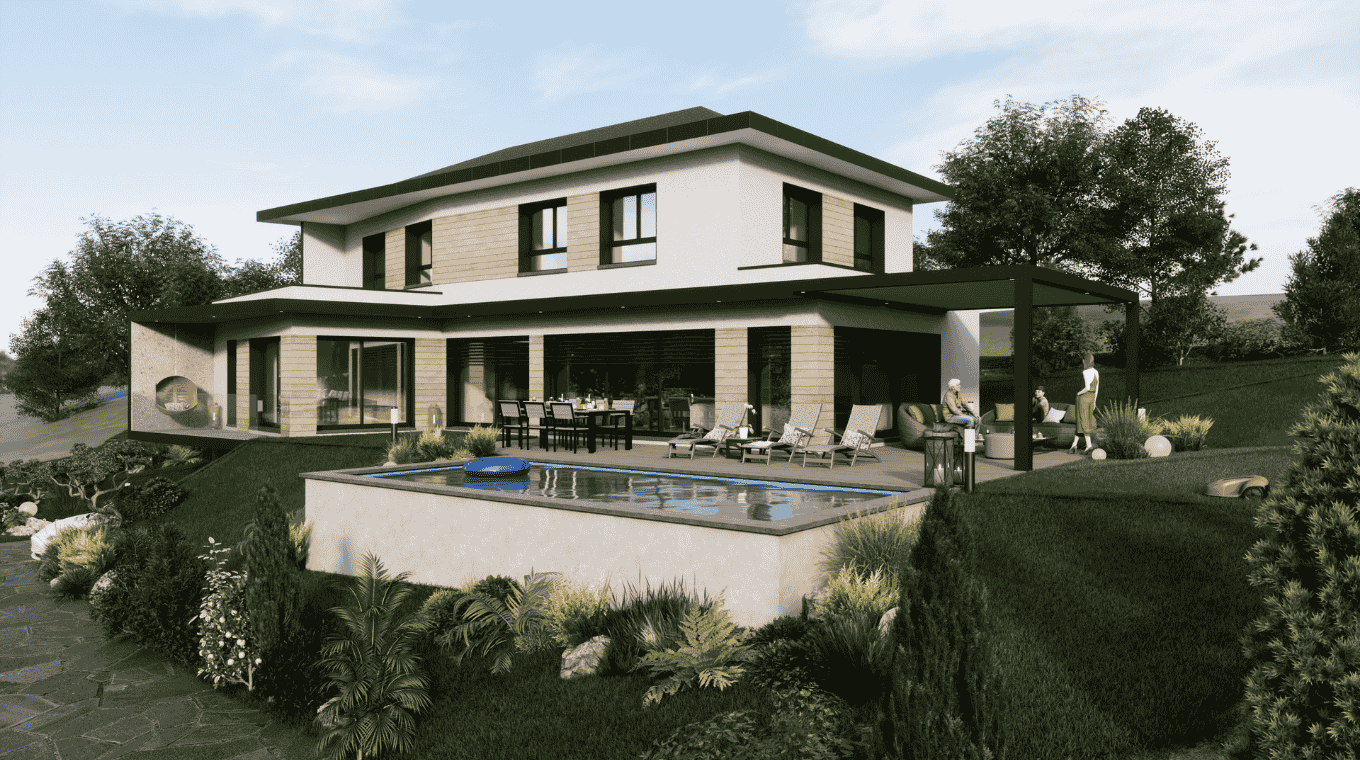 maison design piscine finition bois pergola