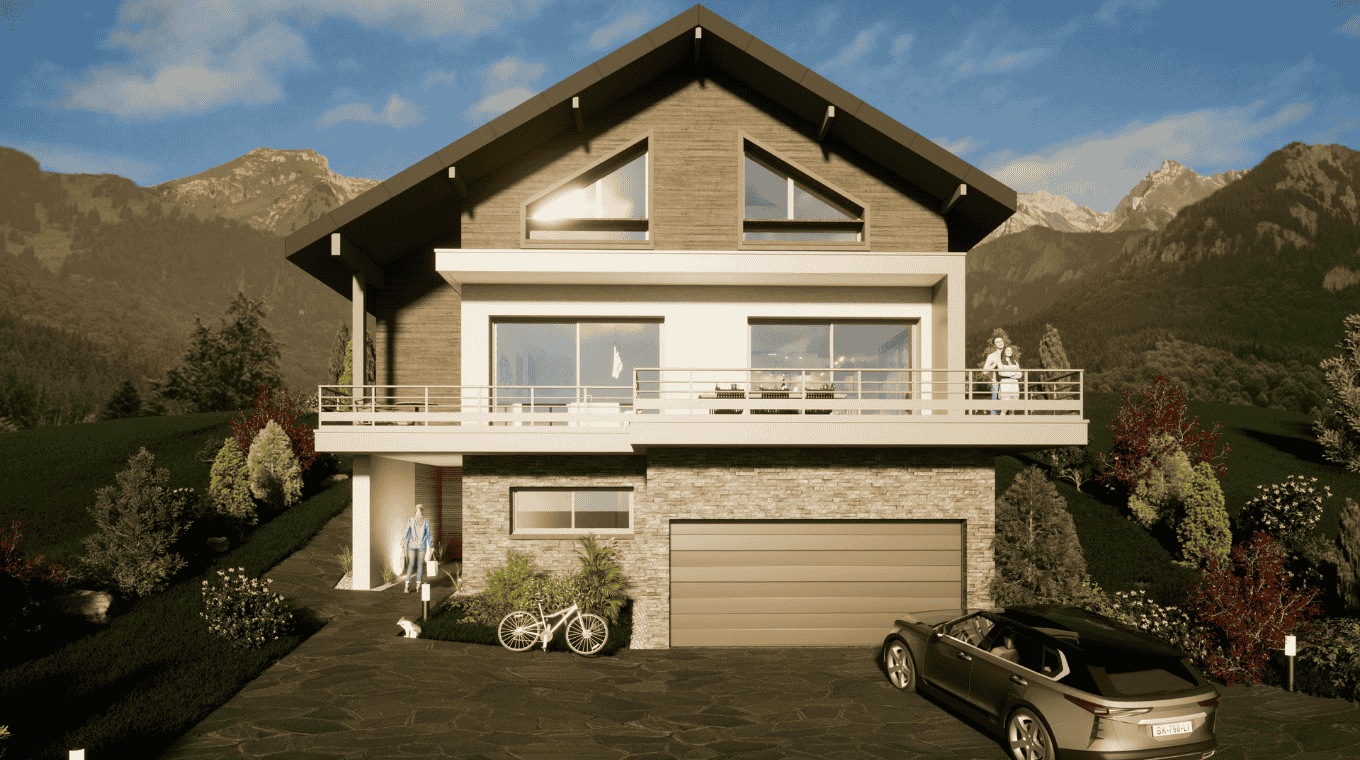 maison moderne balcon garage finition bois