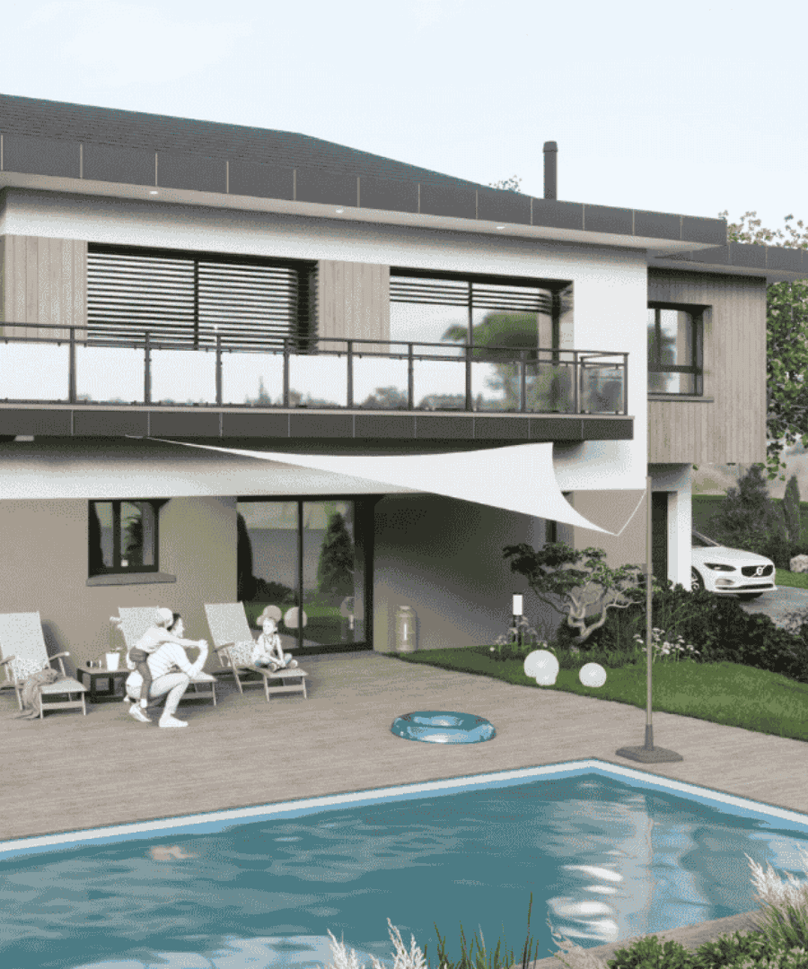 maison moderne toit plat avec balcon et piscine finition bois